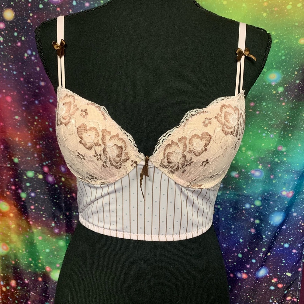 Cream and Brown Lace Longline Bra with Structured Support